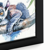Close-up of a framed canvas wall art featuring a vibrant lemur design, showcasing intricate details and vivid colors, perfect for animal lovers and home decor.