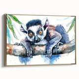 Framed wall art featuring a vibrant lemur design in gold and green hues, showcasing a playful lemur against a natural background, ideal for animal lovers’ decor.