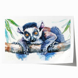 Vibrant lemur wall art design showcasing a playful lemur in a lush, tropical setting, perfect for animal lovers and home decor enthusiasts, printed on high-quality canvas.