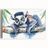 Vibrant stretched canvas wall art featuring a lively lemur design, showcasing intricate details and rich colors, perfect for animal lovers and home decor enthusiasts.