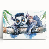 Colorful stretched canvas wall art featuring a playful lemur design from the "Animals of the Wild" collection, perfect for enhancing any nature-themed decor.