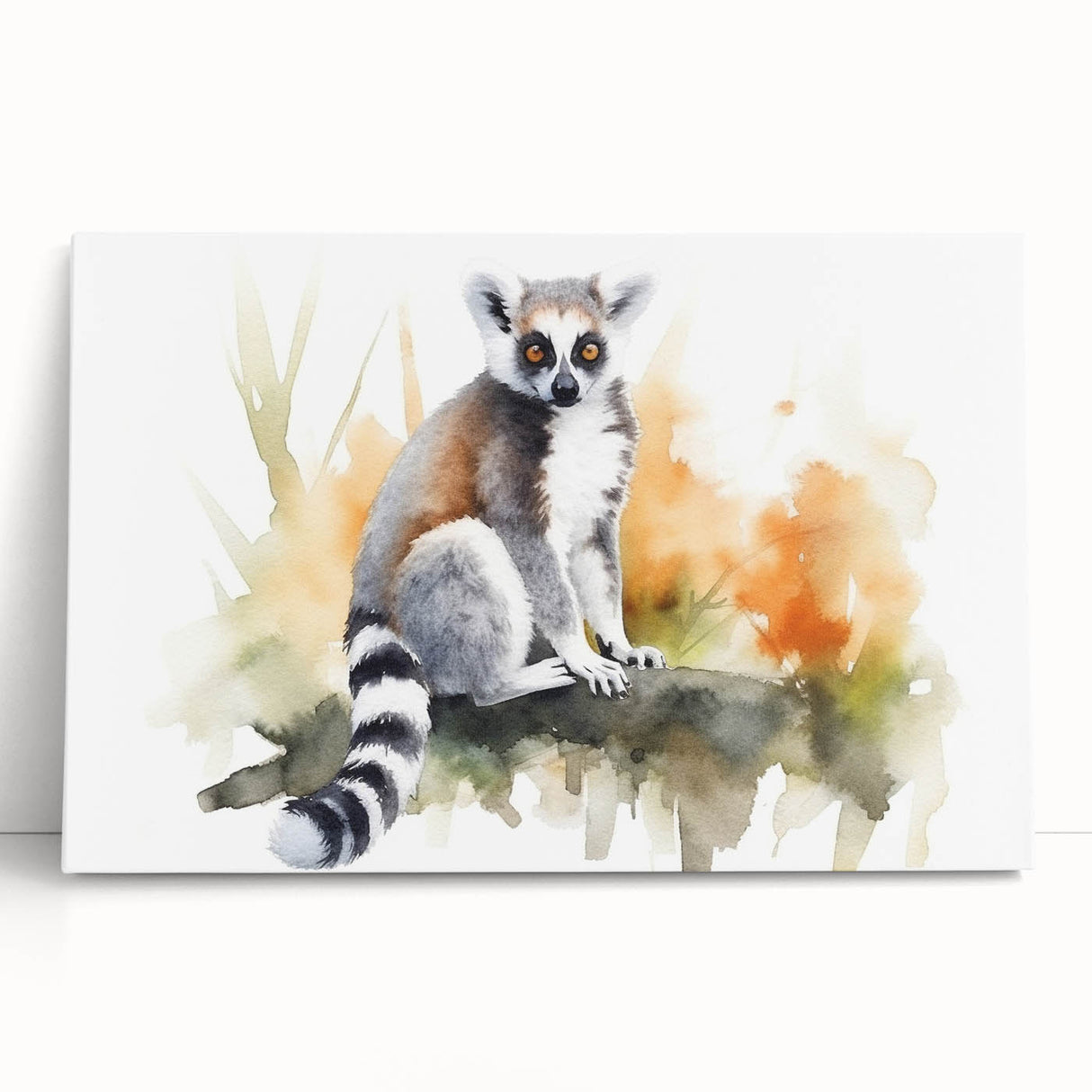 Colorful stretched canvas wall art featuring a playful lemur design, ideal for animal lovers and modern decor, showcasing vibrant colors and intricate details.