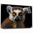 Side view of a vibrant acrylic glass wall art collection featuring a whimsical lemur design, elegantly displayed with decorative pins, perfect for animal lovers.
