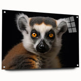 Side view of a vibrant acrylic glass wall art collection featuring a whimsical lemur design, elegantly displayed with decorative pins, perfect for animal lovers.