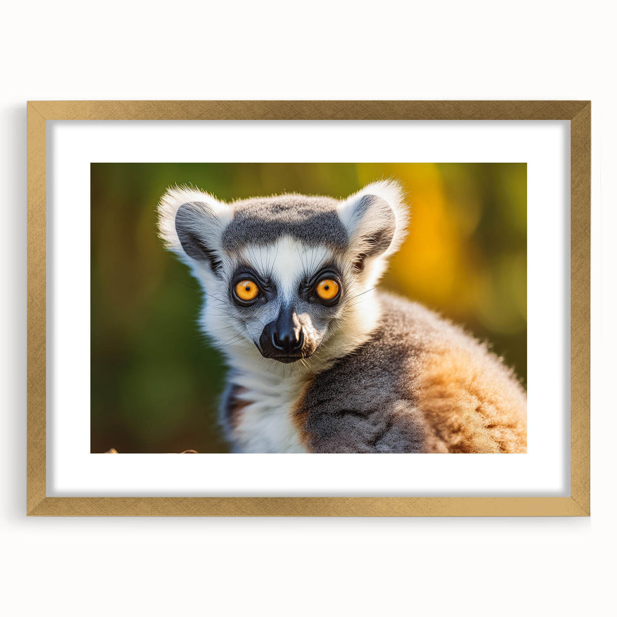 Gold-framed wall art showcasing a playful lemur design, featuring vibrant colors and intricate details, perfect for adding a touch of wildlife to any decor.