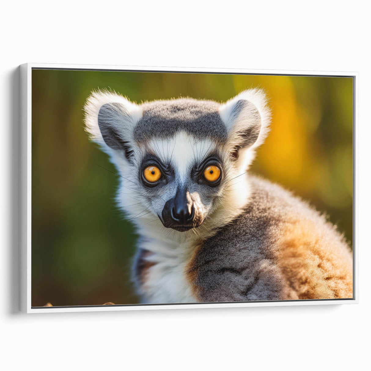 Framed canvas wall art featuring a playful lemur design, set against a white background. Ideal for animal lovers, this vibrant piece adds a whimsical touch to any decor.