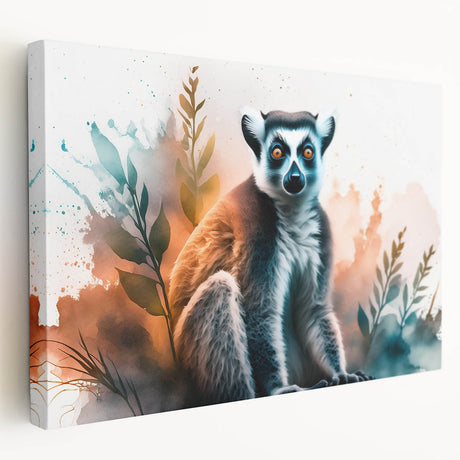 Lemur-themed wall art design on stretched canvas, showcasing vibrant colors and intricate details, ideal for animal lovers and home decor enthusiasts.