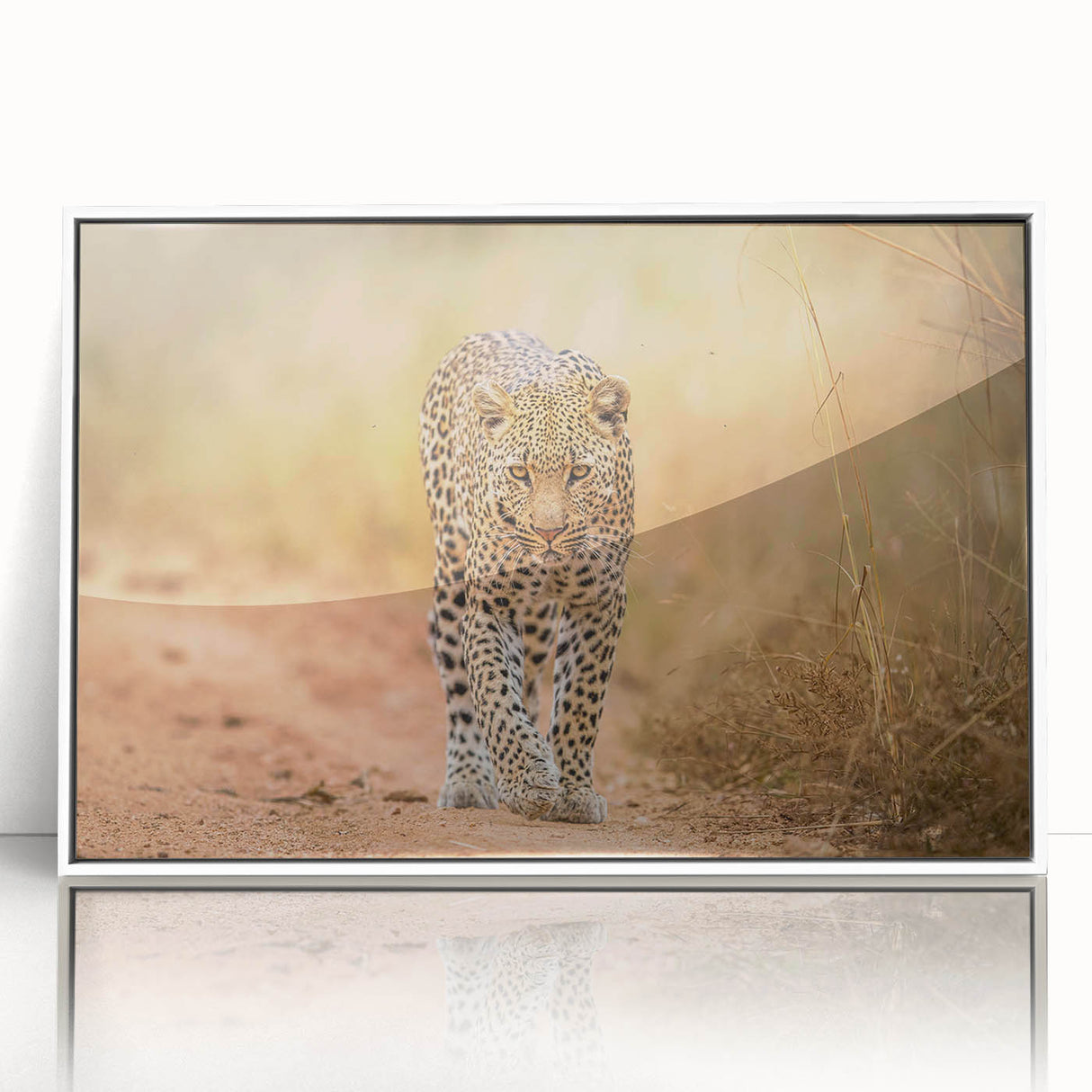 Framed wall art featuring a striking leopard design, showcasing intricate details and vibrant colors, set against a sleek white background, perfect for wildlife enthusiasts.