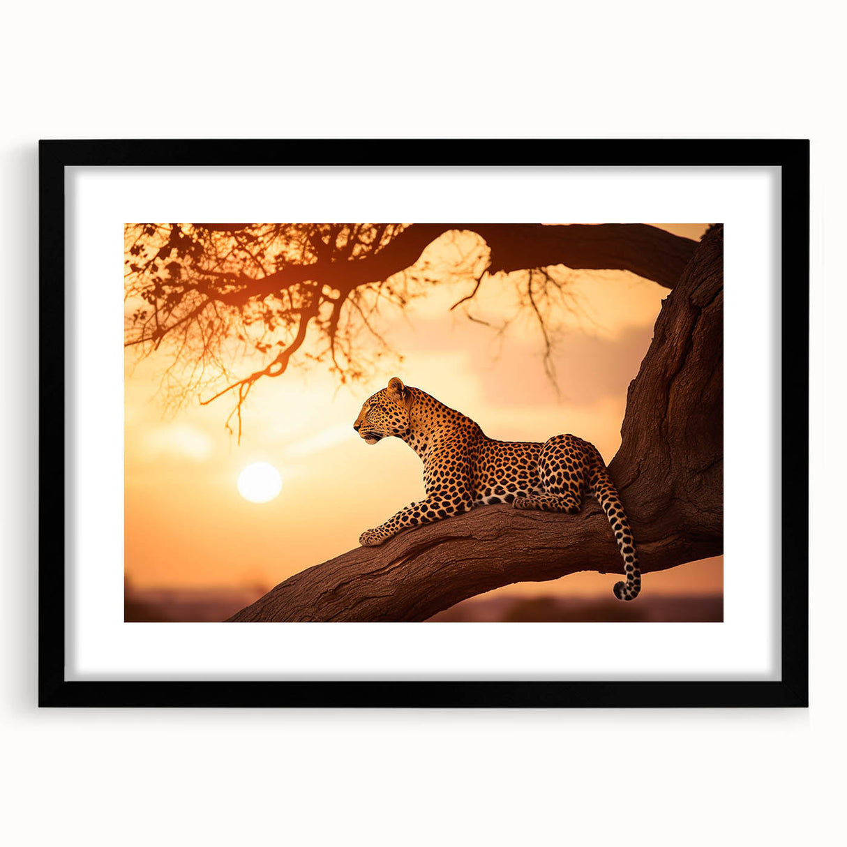 Leopard-themed wall art design featuring a striking black frame and mat, showcasing intricate details of the animal's fur and vibrant colors, perfect for home decor.