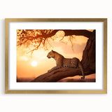 Elegant wall art featuring a striking leopard design, framed with gold accents and a white mat, showcasing a wild animal theme perfect for home decor.