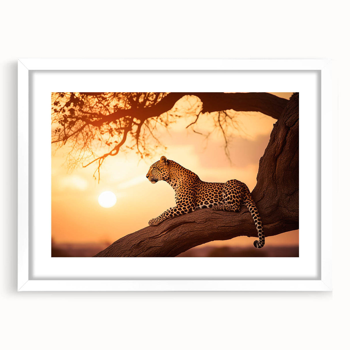 Elegant framed wall art featuring a striking leopard design, set against a white mat, perfect for enhancing modern home decor. Ideal for animal lovers and interior design enthusiasts.