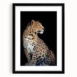 Framed wall art featuring a striking leopard design, showcasing detailed animal imagery with a black frame and white mat, perfect for wildlife enthusiasts and home decor.