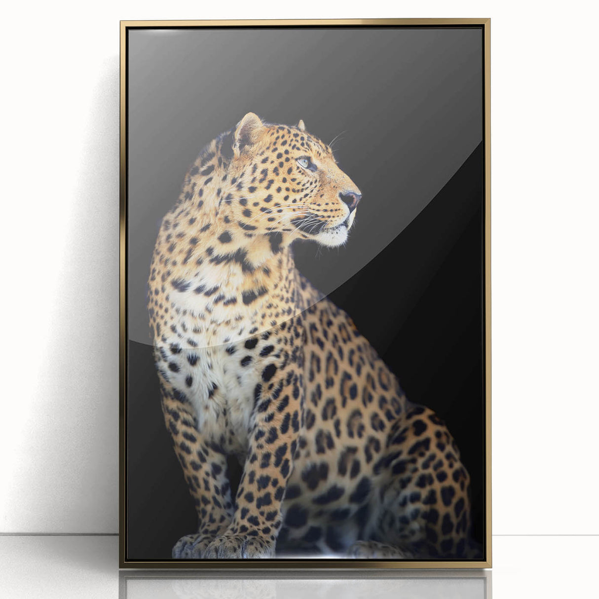 Framed wall art featuring a striking leopard design in gold acrylic, showcasing intricate details and vibrant colors, perfect for animal lovers and decor enthusiasts.