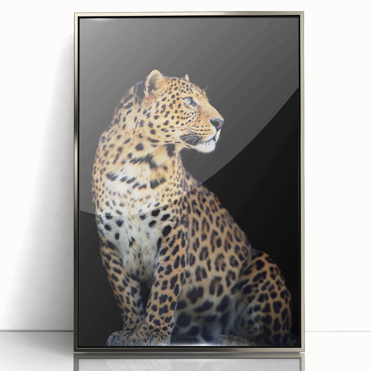 Framed wall art featuring a striking leopard design in a silver-acrylic finish, showcasing the intricate details and vibrant colors of wildlife. Perfect for animal lovers and home decor enthusiasts.