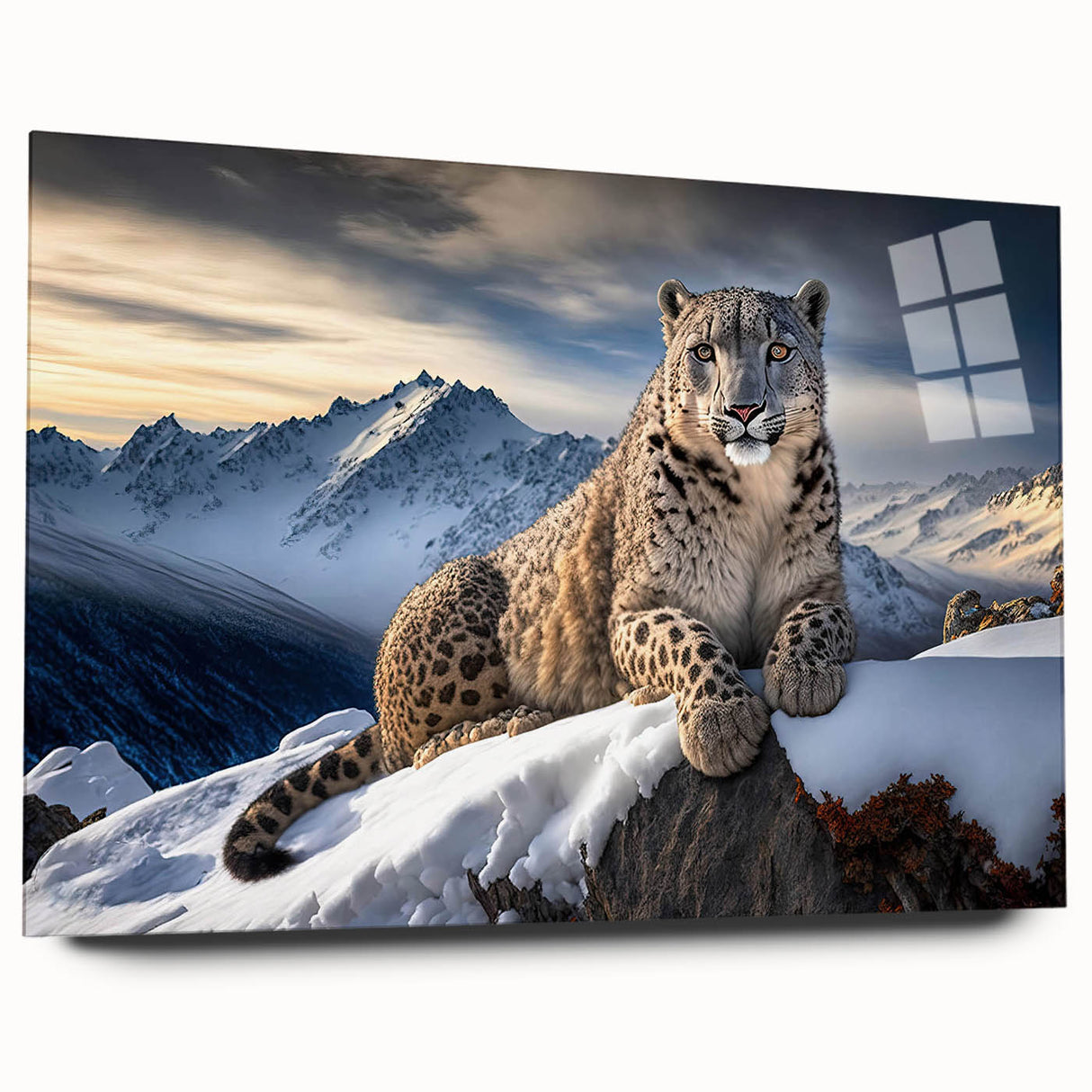 Side view of a sleek acrylic glass wall art featuring a vibrant leopard design, showcasing intricate details and rich colors, perfect for wildlife enthusiasts and modern decor.