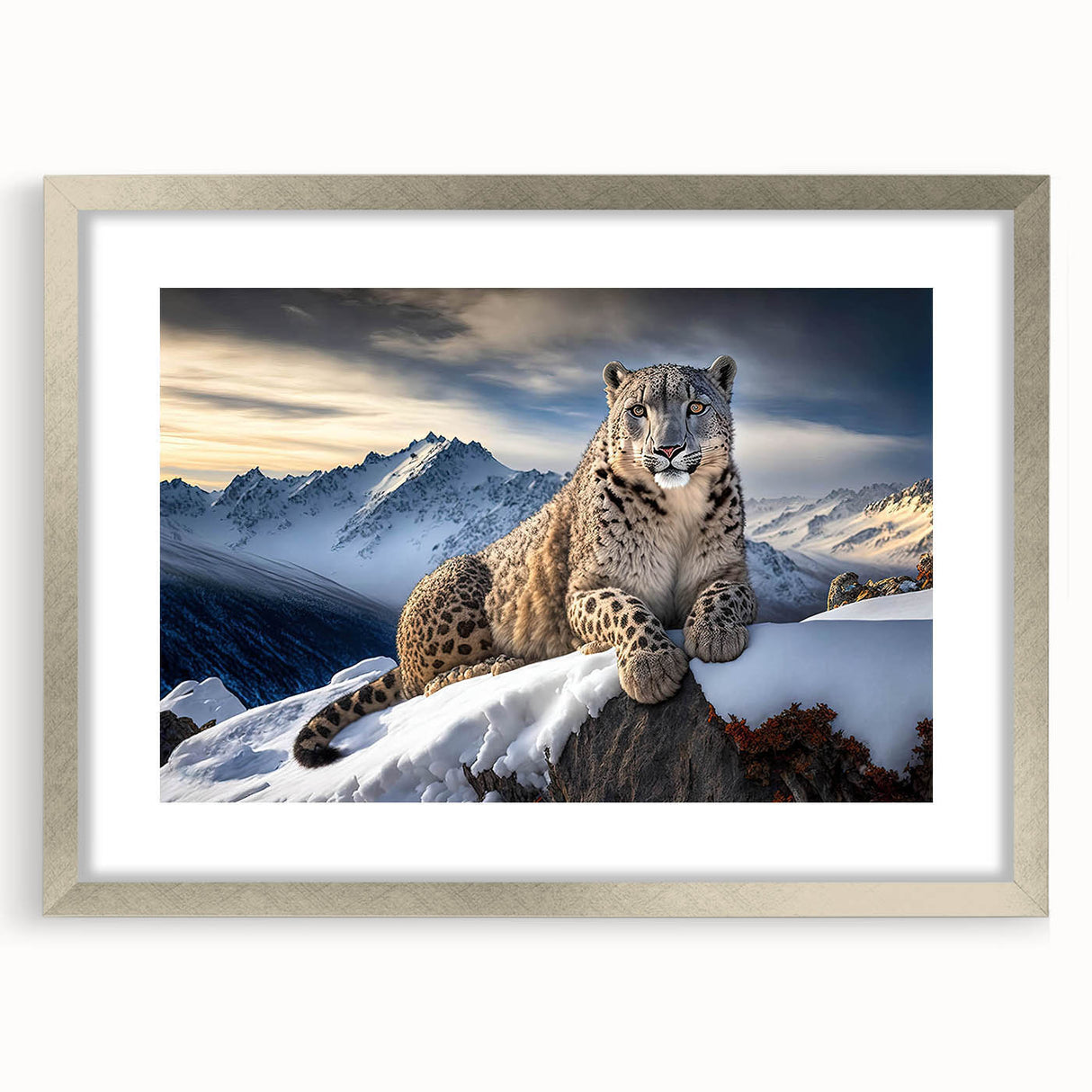 Framed wall art featuring a striking leopard design in silver, showcasing vibrant colors and intricate details, perfect for animal lovers and home decor enthusiasts.