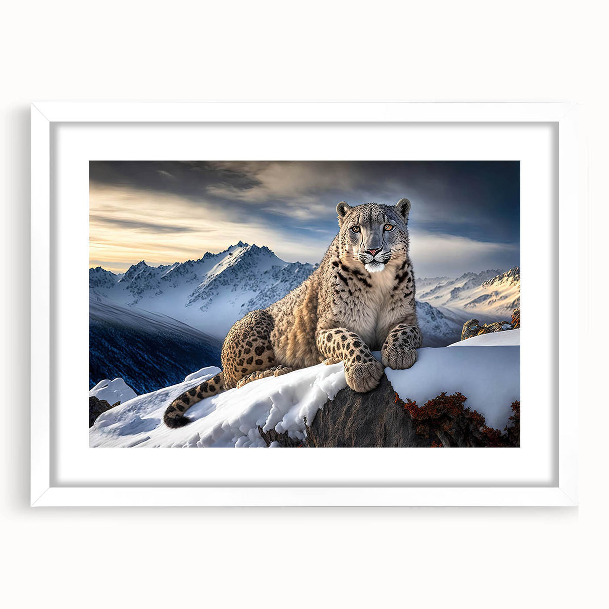 Leopard-themed wall art print displayed in a white frame with a mat, showcasing vibrant colors and intricate details, perfect for animal lovers and home decor enthusiasts.