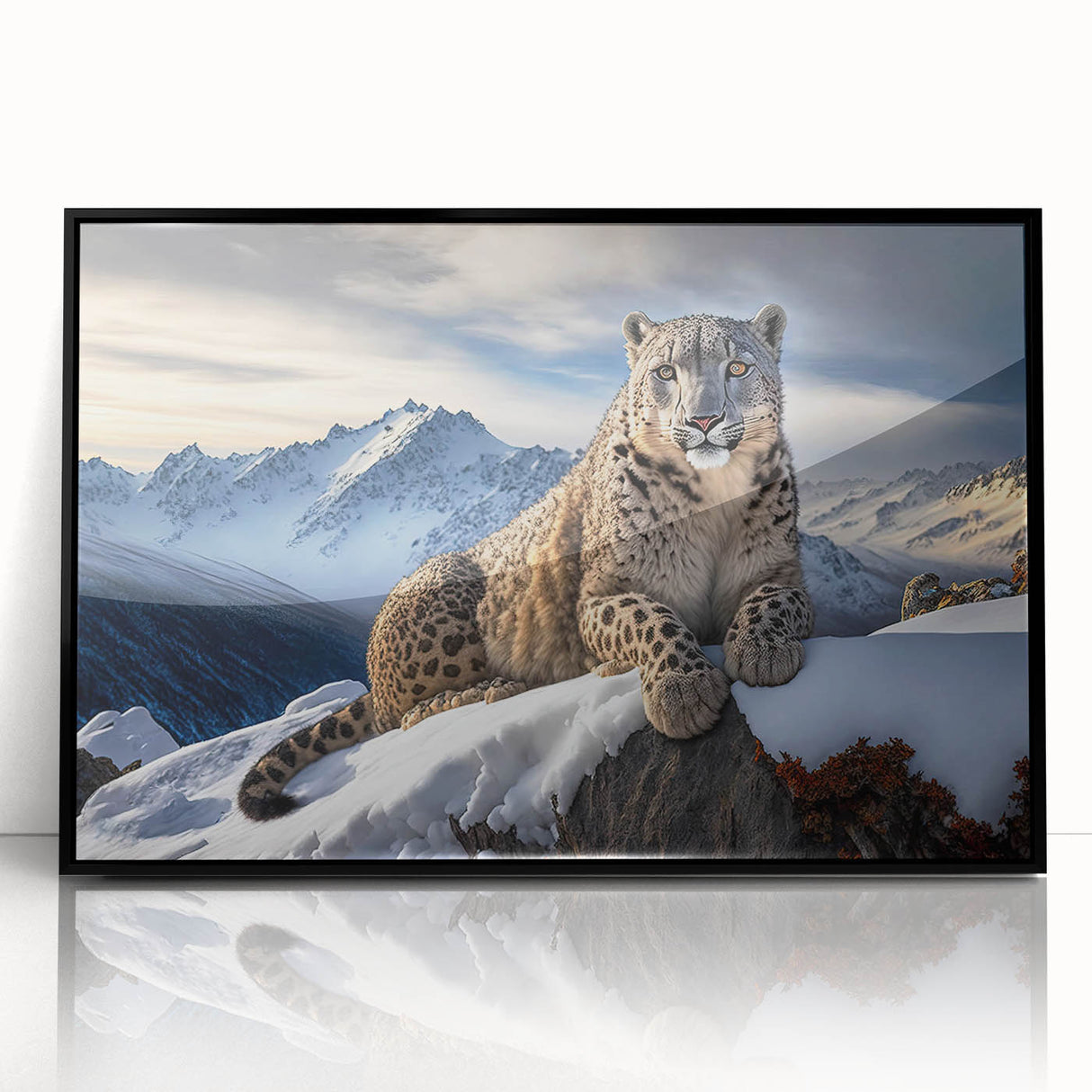 Framed wall art featuring a striking leopard design in a black acrylic frame, showcasing vibrant colors and intricate details, perfect for wildlife enthusiasts and modern decor.