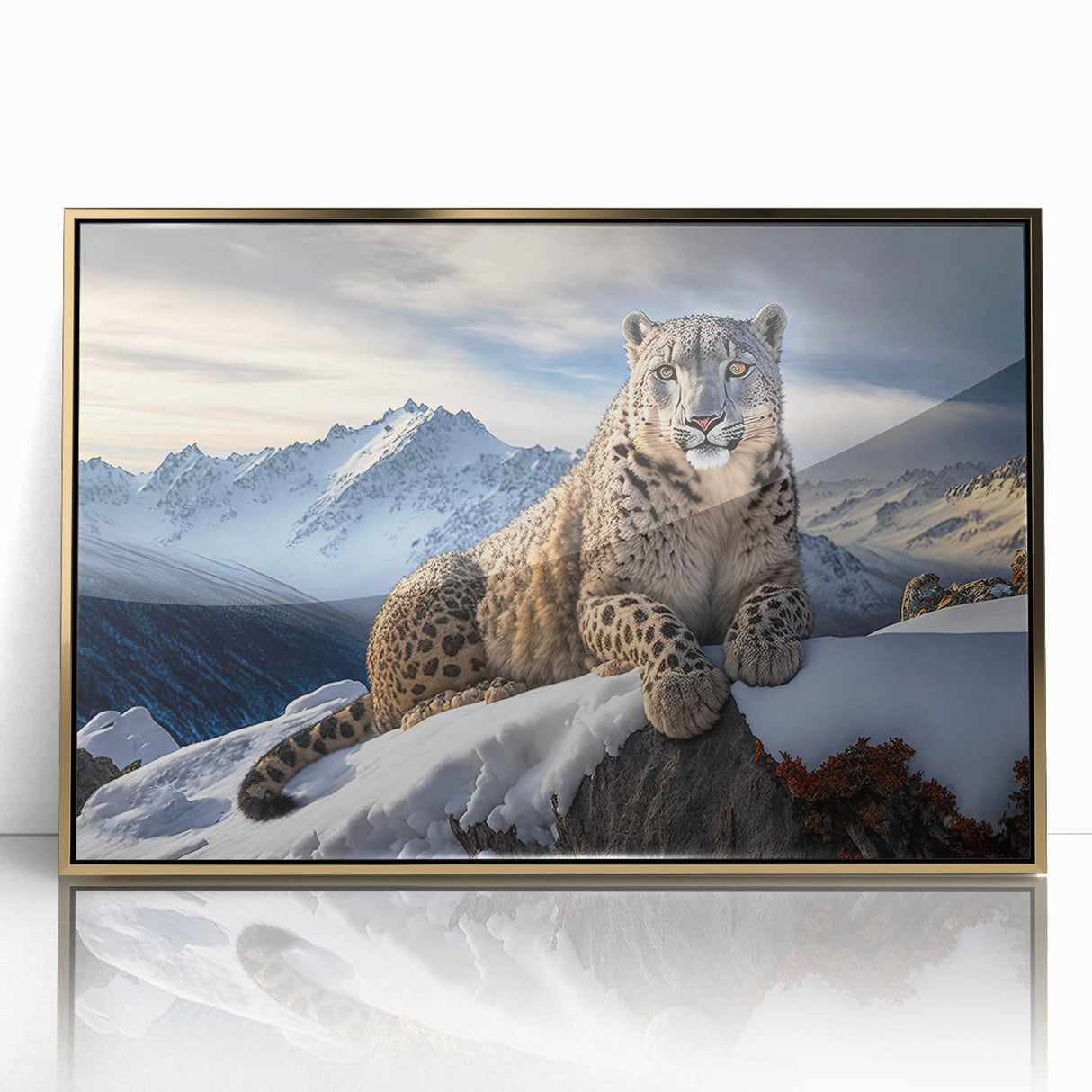 Framed wall art featuring a striking leopard design in vibrant colors, set in an elegant gold frame, perfect for adding a touch of wildlife elegance to any decor.