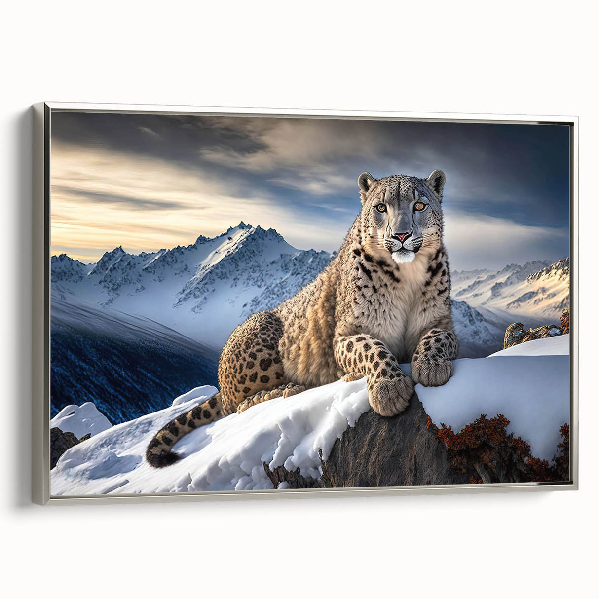 Framed canvas wall art depicting a striking leopard design with intricate details in a silver frame, showcasing a vibrant blend of colors and textures that capture the essence of wildlife. Perfect for adding an exotic touch to home decor.