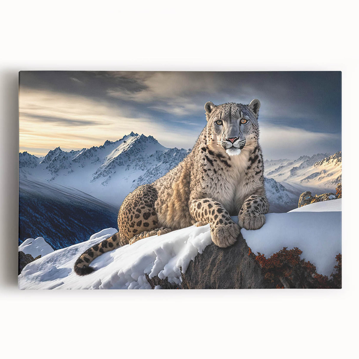 Stretched canvas showcasing a striking front view of a leopard in a vibrant wild landscape, perfect for animal lovers and home decor enthusiasts.