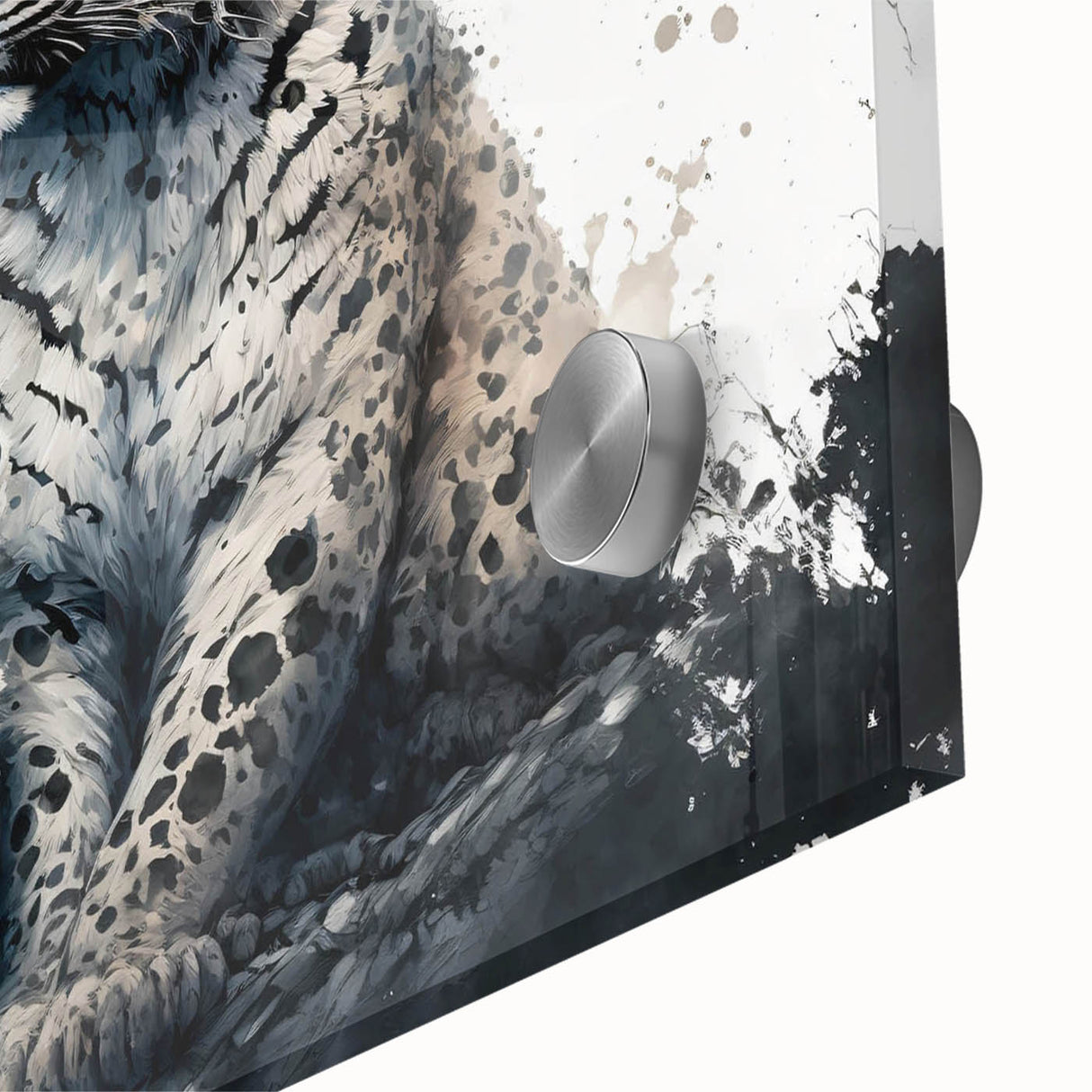 Close-up of a stunning acrylic glass wall art piece featuring a vibrant leopard design, showcasing intricate details and rich colors, perfect for wildlife enthusiasts.