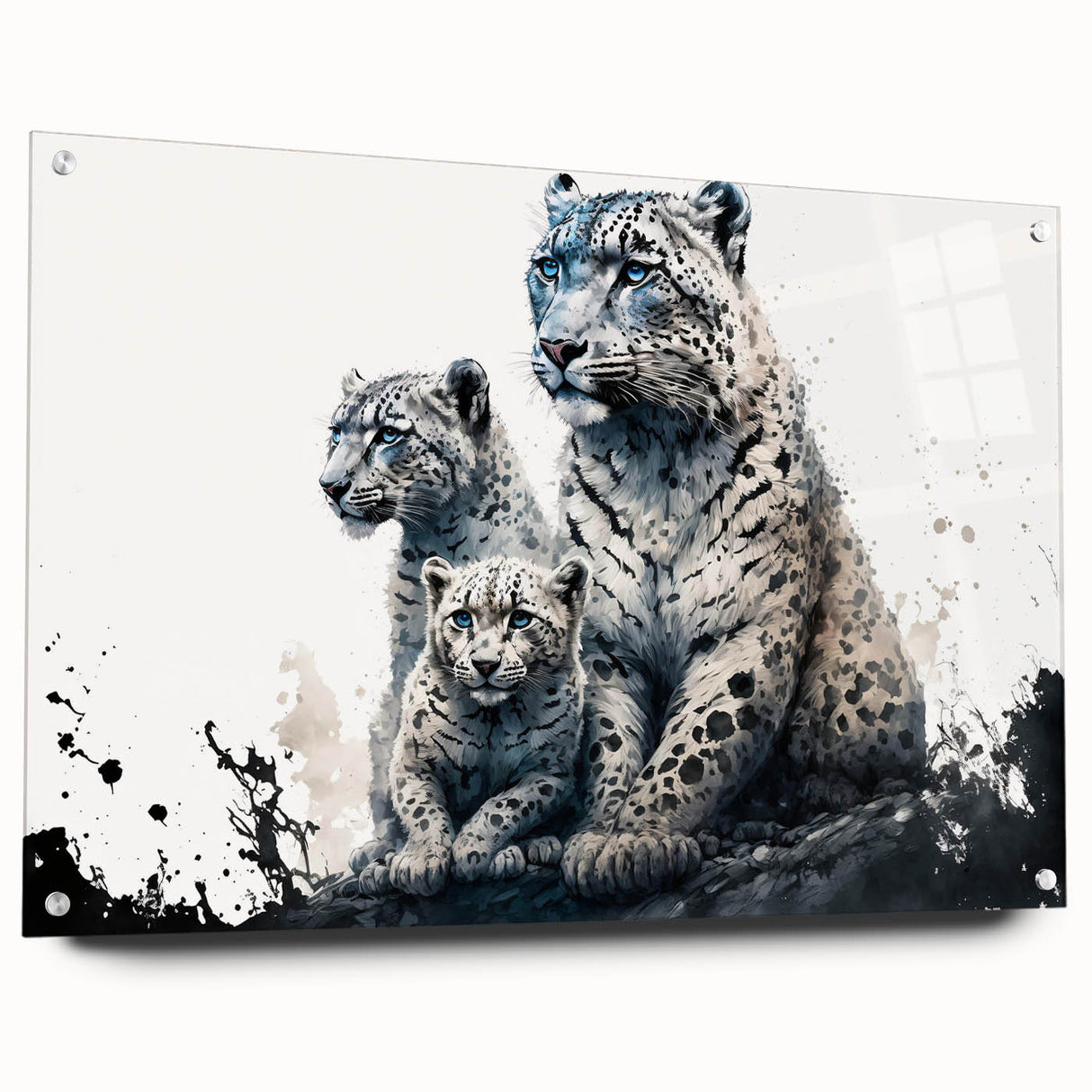 Acrylic glass wall art featuring a striking leopard design from the "Animals of the Wild" collection, displayed in a side view with decorative pins, perfect for animal lovers.