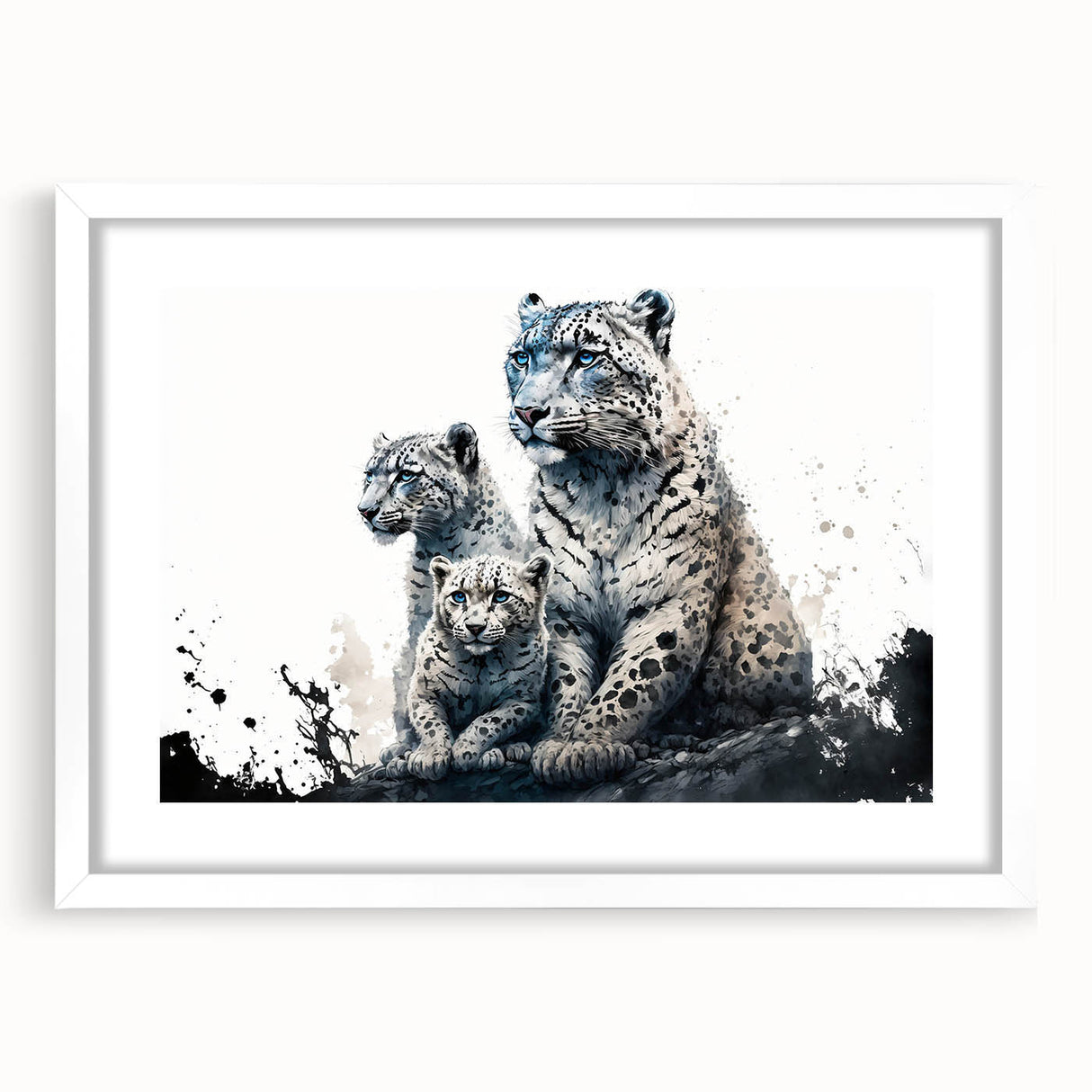 Leopard-themed wall art collection framed in white, showcasing vivid colors and intricate details, perfect for nature lovers and home decor enthusiasts.