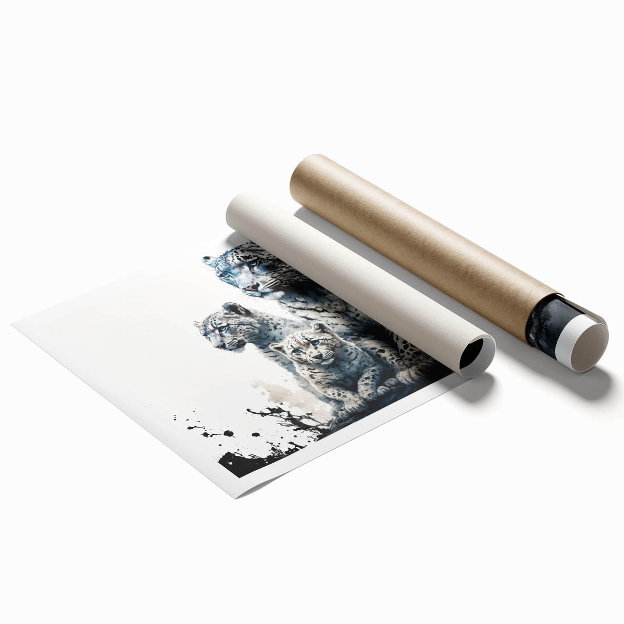 Vibrant rolled print showcasing a striking leopard design in a wild landscape, perfect for nature-inspired decor or animal lovers, packaged securely for delivery.