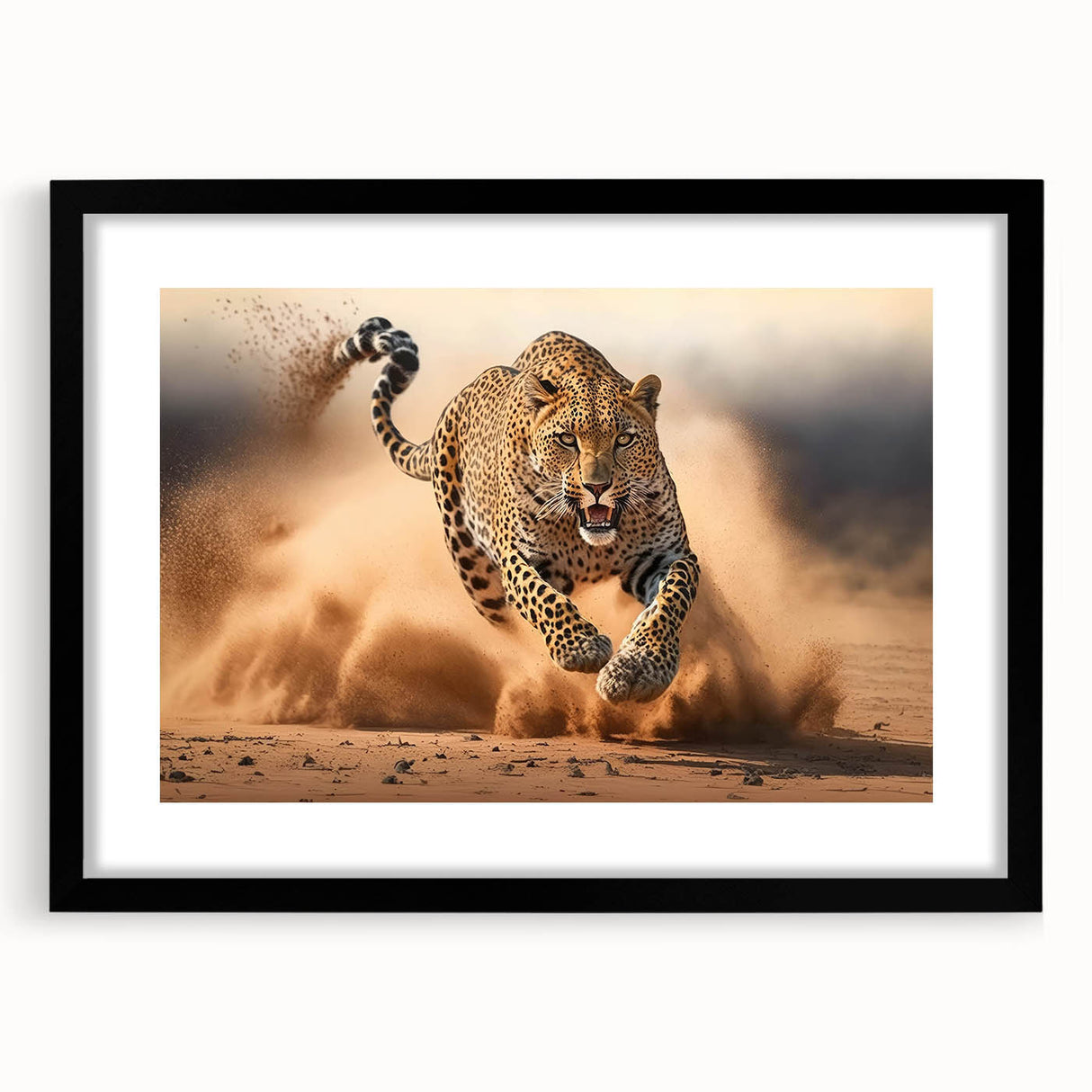 Framed wall art showcasing a striking leopard design, featuring vibrant colors and intricate details, presented in a sleek black frame with a mat. Ideal for wildlife enthusiasts and modern home decor.