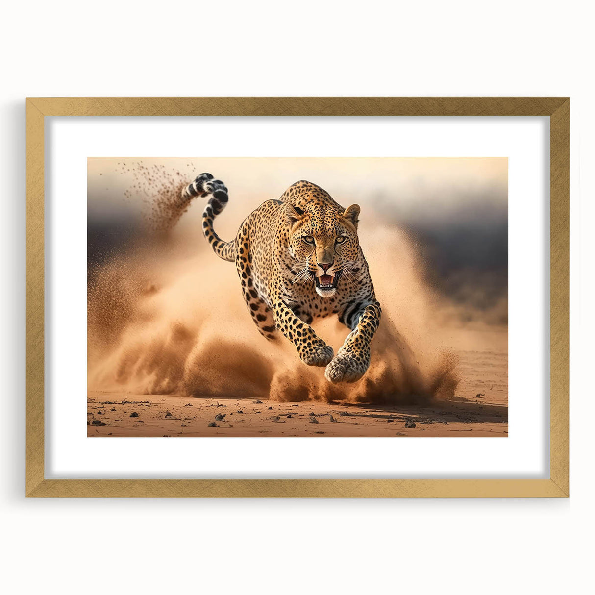 Leopard-themed wall art featuring a striking gold frame and mat, showcasing intricate animal designs ideal for wildlife enthusiasts and home decor.