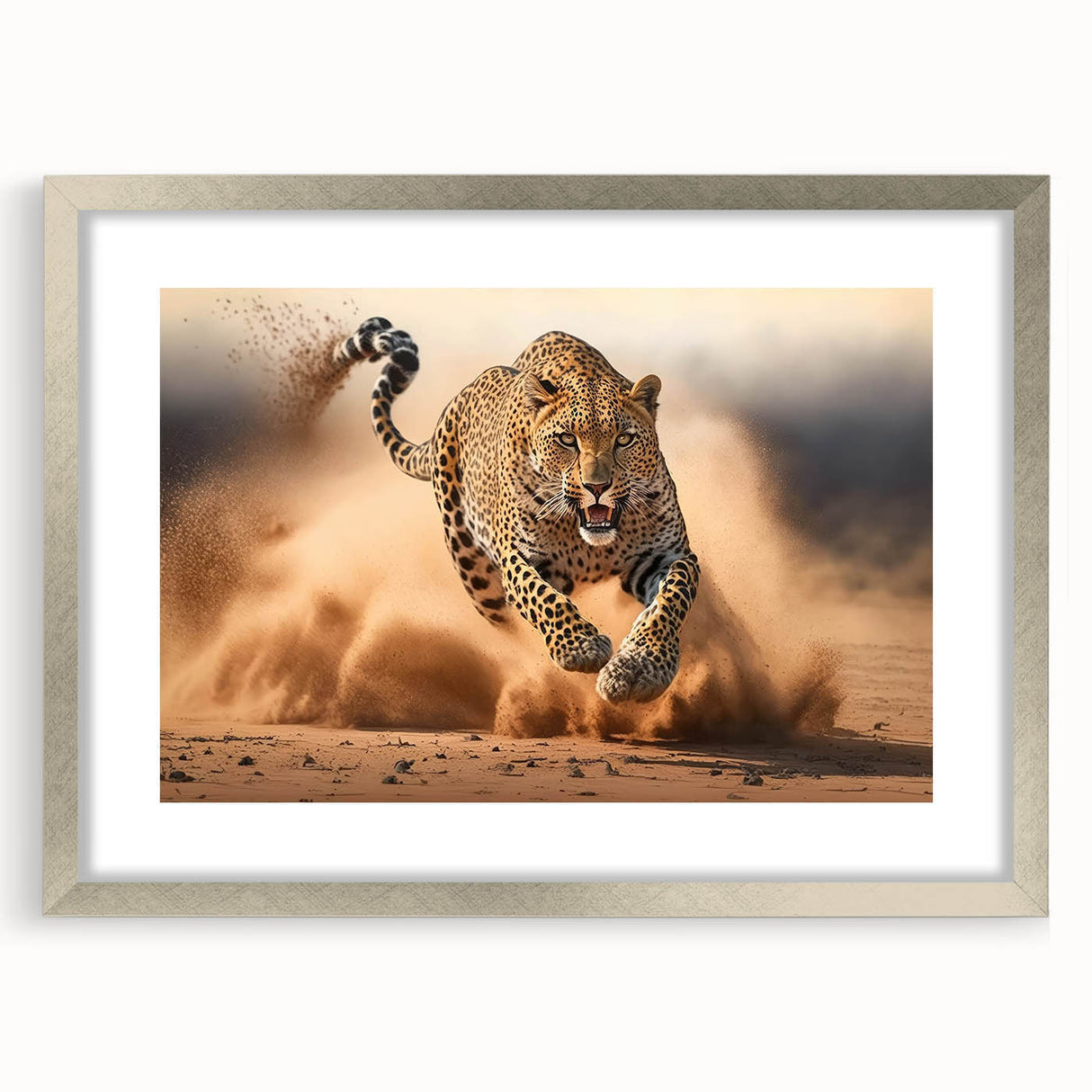 Framed wall art featuring a striking leopard design from the "Animals of the Wild" collection, showcasing intricate details and a sleek silver frame, perfect for animal lovers.