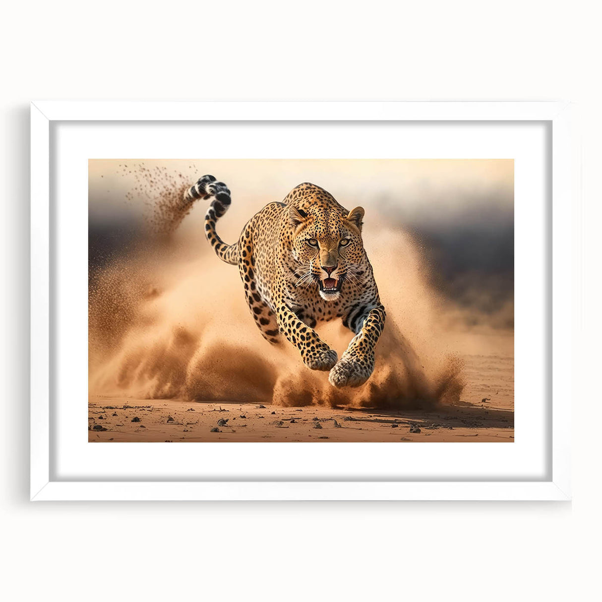 Leopard-themed wall art collection featuring a striking design framed in white with a mat. Ideal for wildlife enthusiasts, enhancing home decor with nature-inspired elegance.