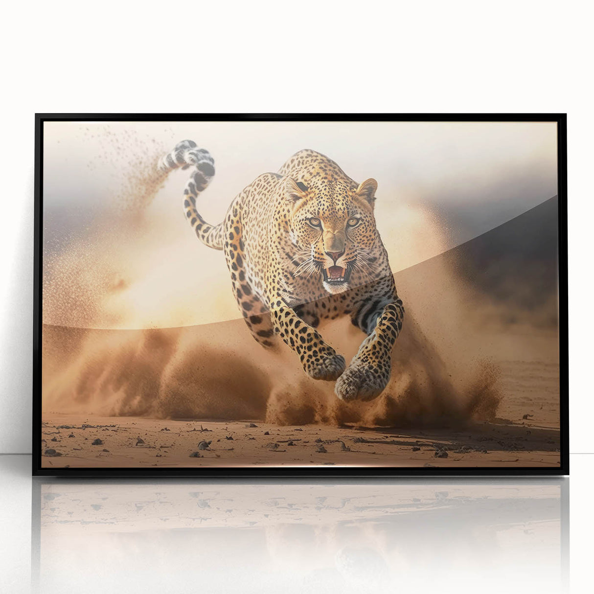 Framed wall art featuring a striking leopard design in vibrant colors, showcasing the animal's unique spots against a black background, perfect for wildlife enthusiasts.