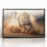 Framed wall art featuring a striking leopard design in vibrant colors, showcasing the animal's unique spots against a black background, perfect for wildlife enthusiasts.