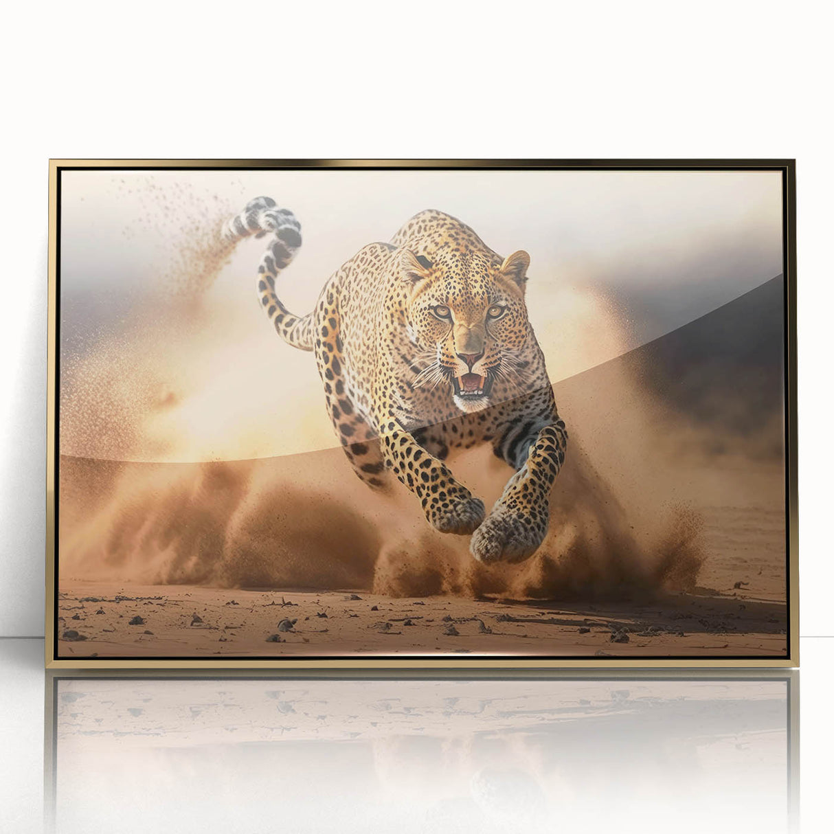 Framed wall art featuring a striking leopard design in vibrant gold and black colors, showcasing intricate details and textures, ideal for animal lovers and home decor enthusiasts.