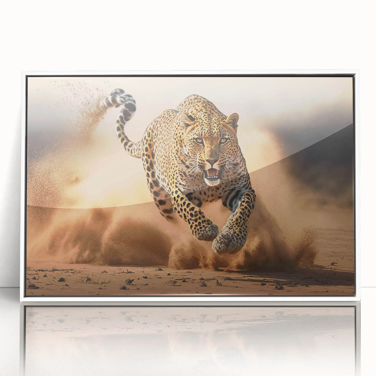 Framed wall art featuring a striking leopard design in vibrant colors, showcasing the beauty of wildlife. The artwork is elegantly presented in a sleek white frame, ideal for home decor enthusiasts.