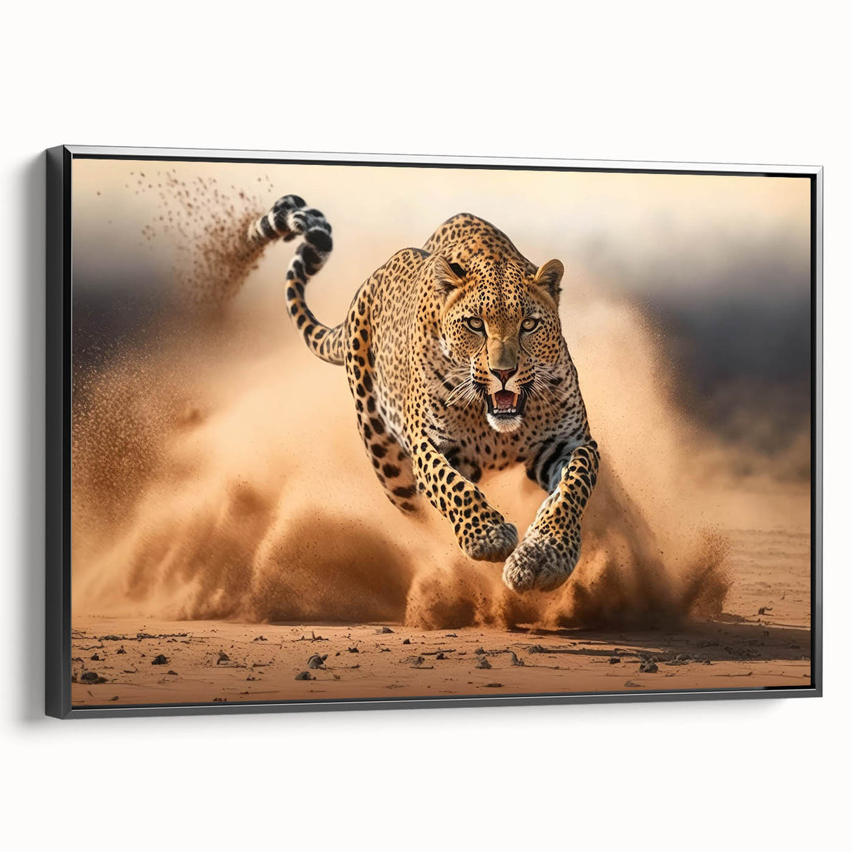 Framed canvas wall art showcasing a striking leopard design in vibrant colors, ideal for animal lovers and modern decor enthusiasts. The artwork features a black frame, enhancing the visual impact and adding elegance to any room. Perfect for living spaces, offices, or as a unique gift.