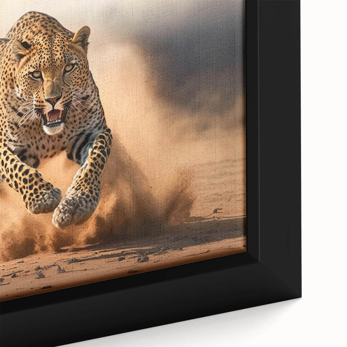 Close-up of a stunning leopard wall art design on framed canvas, showcasing intricate details and vibrant colors, perfect for animal lovers and home decor enthusiasts.