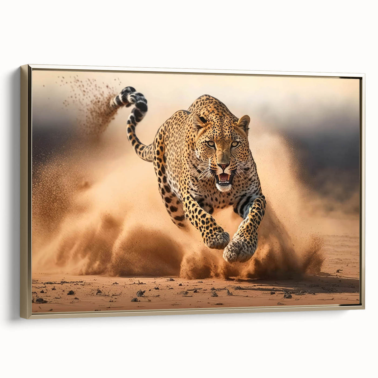 Framed wall art featuring a stunning leopard design, showcasing intricate details and rich gold accents, perfect for animal lovers and home decor enthusiasts.