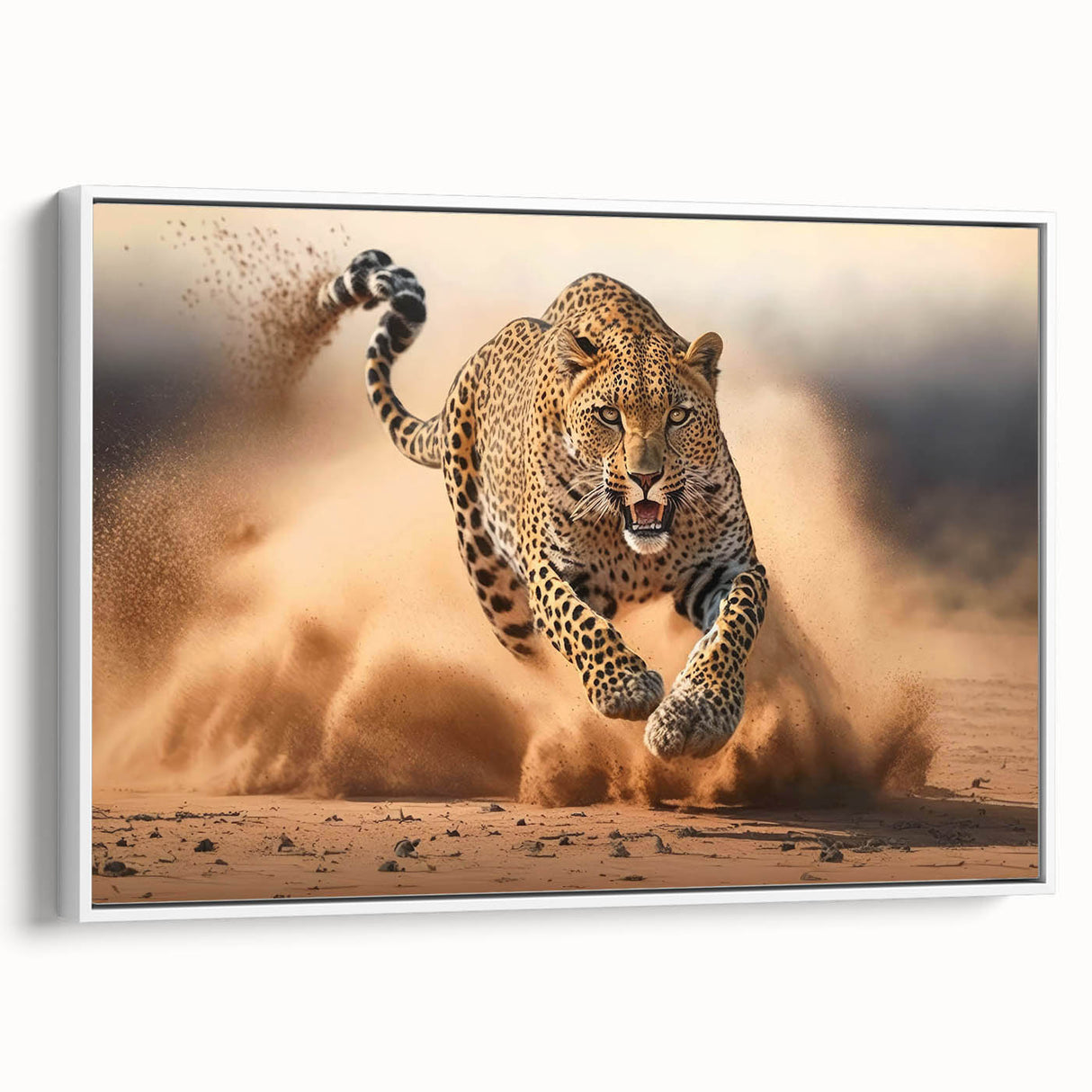 Framed canvas wall art showcasing a striking leopard design in vibrant colors, set against a white background, perfect for adding a touch of wildlife elegance to home decor.