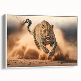Framed canvas wall art showcasing a striking leopard design in vibrant colors, set against a white background, perfect for adding a touch of wildlife elegance to home decor.