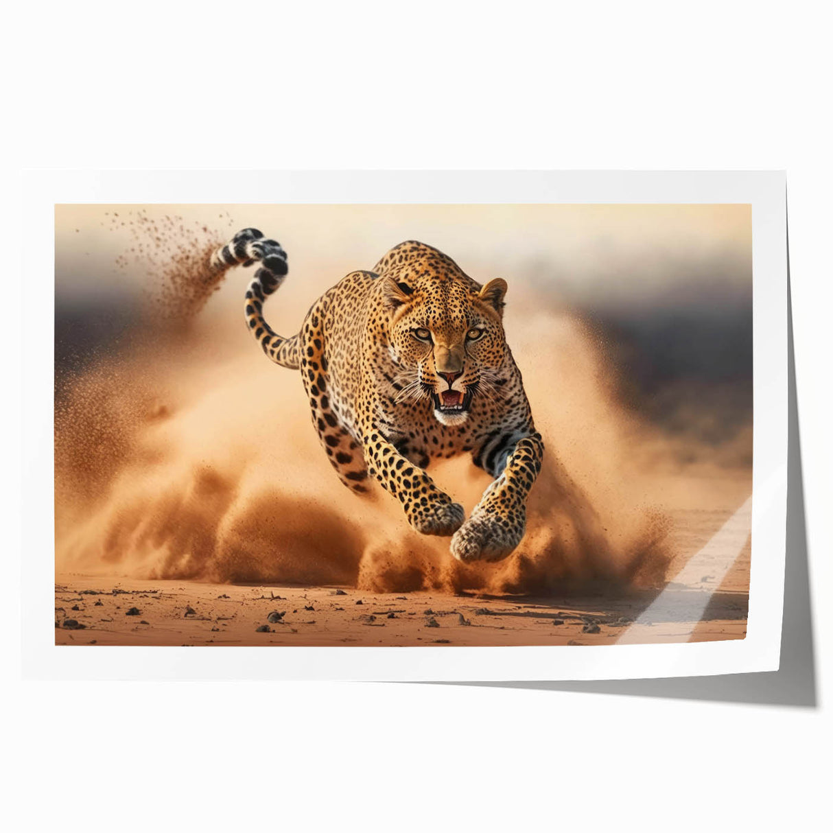Leopard-themed wall art print showcasing a vibrant design with rich colors, ideal for nature-inspired decor, rolled for easy framing and display.