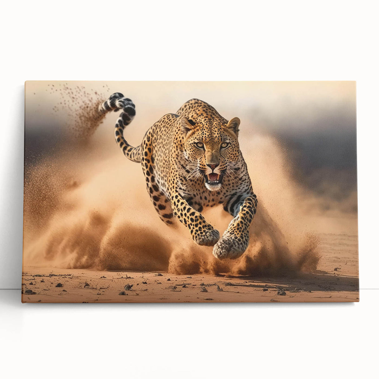 Stretched canvas wall art featuring a striking leopard design, showcasing vibrant colors and intricate details, perfect for adding a touch of wildlife elegance to any space.