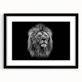 Black-framed wall art showcasing a striking lion design, part of a wildlife collection, with a matte finish, ideal for enhancing home decor.