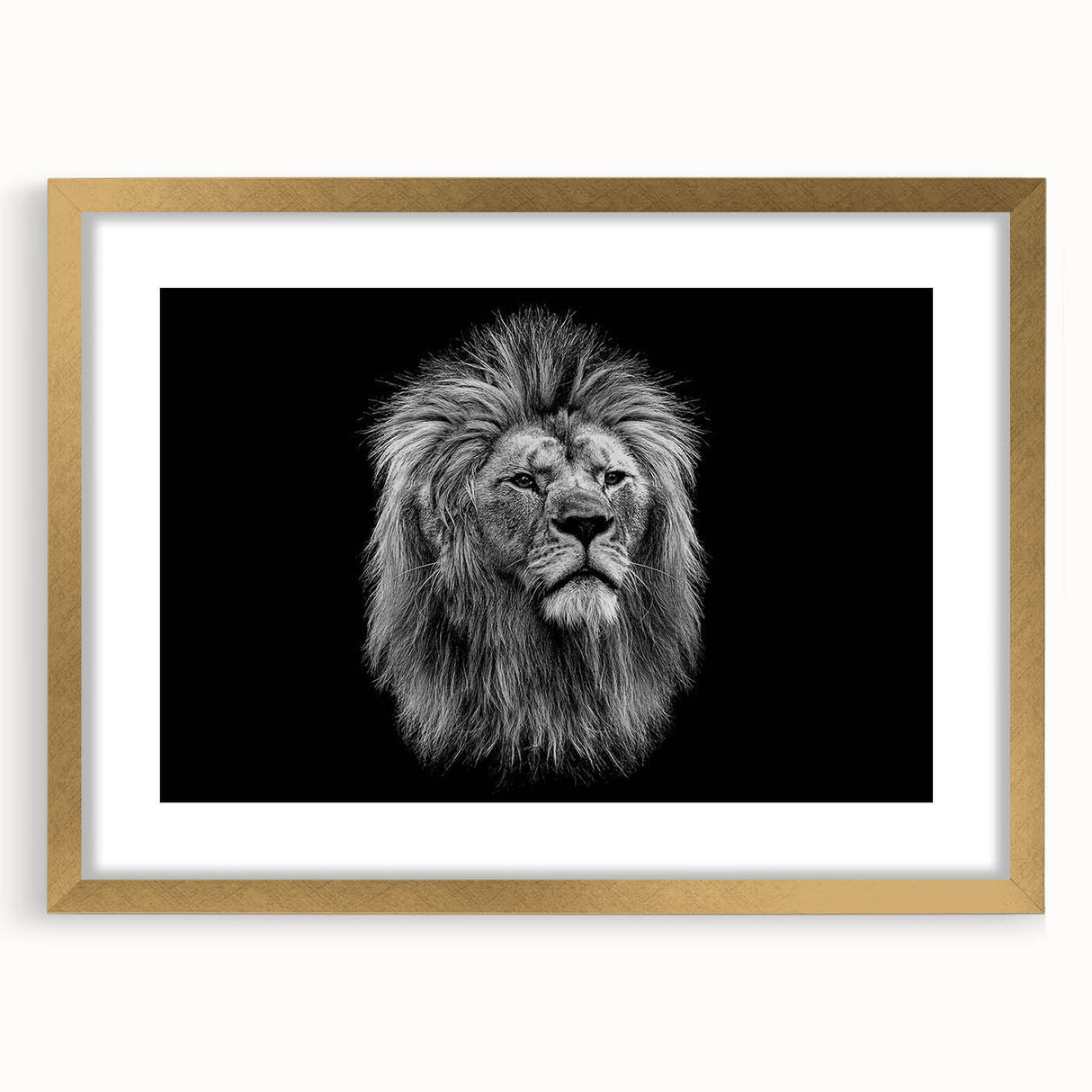 Elegant wall art featuring a majestic lion design in a gold frame with a mat, showcasing intricate details and vibrant colors, perfect for wildlife enthusiasts.