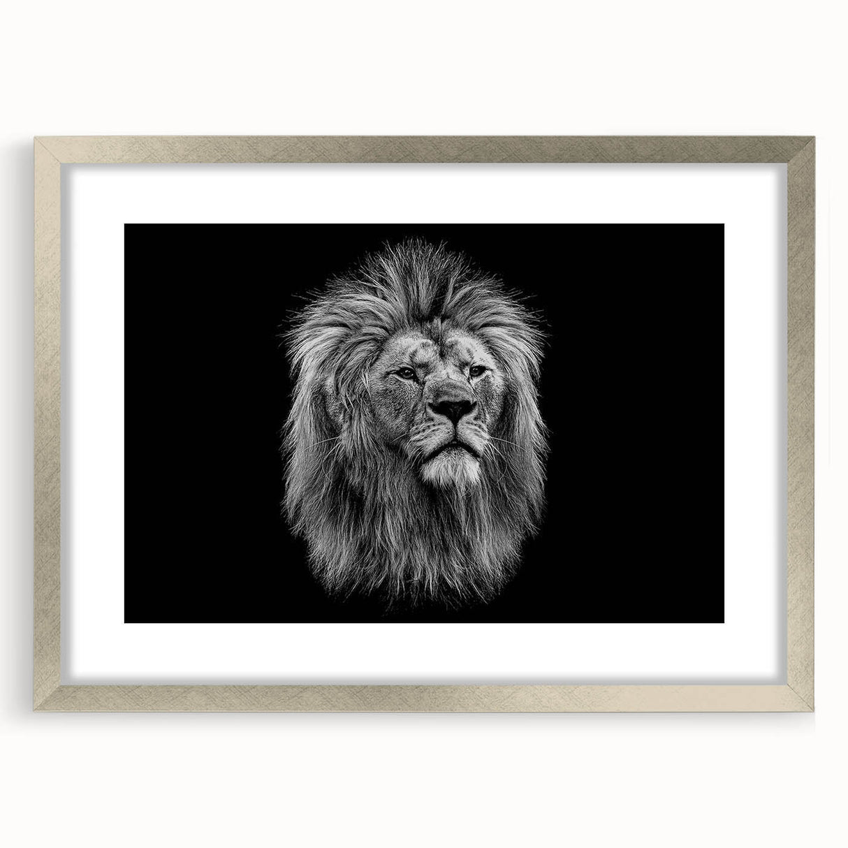 Framed wall art featuring a majestic lion design in a silver frame with a mat, showcasing vibrant colors and intricate details, perfect for wildlife enthusiasts.