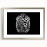 Framed wall art featuring a majestic lion design in a silver frame with a mat, showcasing vibrant colors and intricate details, perfect for wildlife enthusiasts.