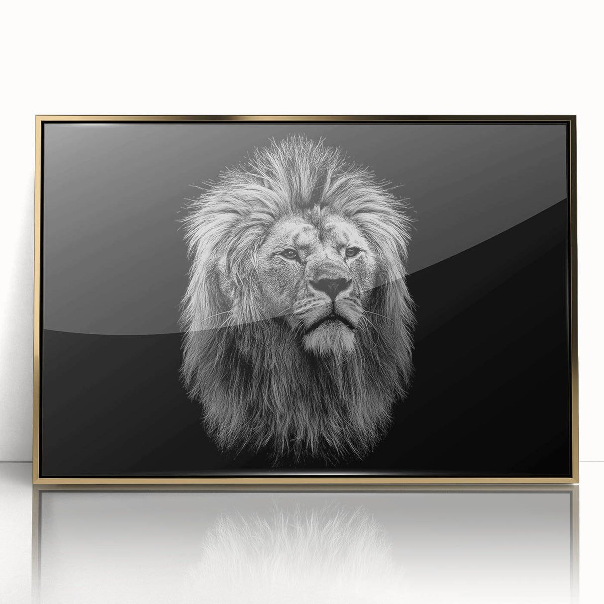 Framed wall art featuring a majestic lion design with a gold-acrylic finish, showcasing intricate details that enhance any wildlife-themed decor. Ideal for animal lovers and modern home aesthetics.