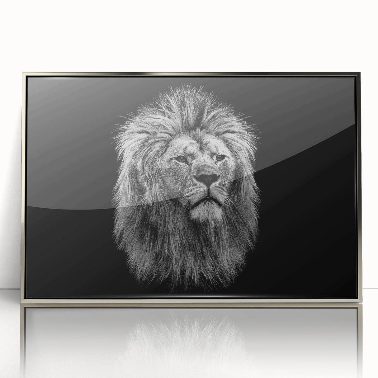 Framed acrylic wall art featuring a striking lion design in silver tones, showcasing intricate details of the majestic animal against a sleek modern backdrop, ideal for wildlife enthusiasts and home decor.